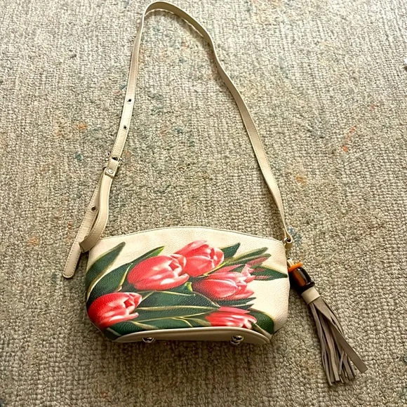 Vintage Sharif Pink/Green Hand Painted Tulip Crossbody Bag